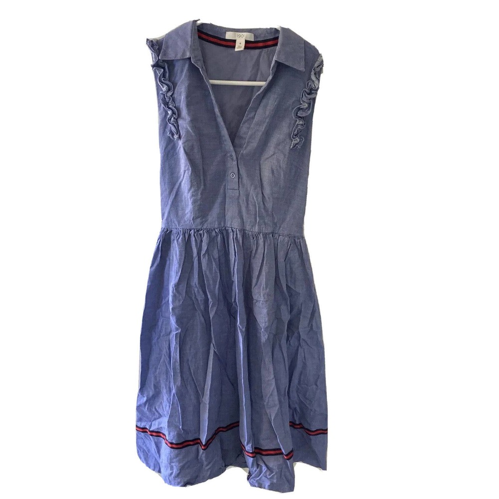 1901 Womens Dress Chambray Blue Sz 6 Sleeveless Button Down Cotton Summer Stripe